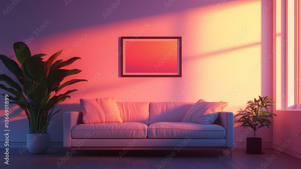 A white couch sits in a room with two plants, a framed picture on the wall, and a large window with sunlight streaming through it. A white couch sits in a room with two plants, a framed picture on the wall, and a large window with sunlight streaming through it.