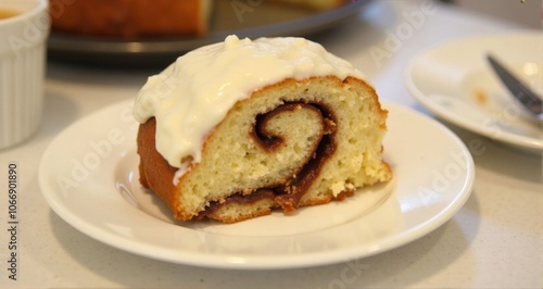 Delicious cinnamon roll slice on a plate.