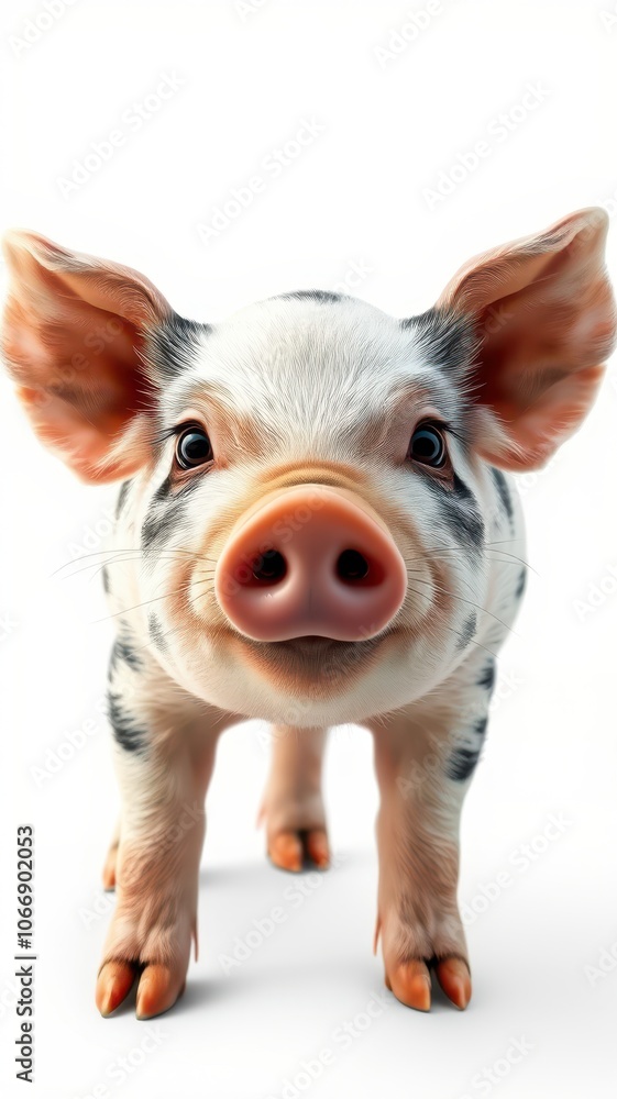 A spotted piglet with pink ears smiles as it looks directly at the camera A spotted piglet with pink ears smiles as it looks directly at the camera