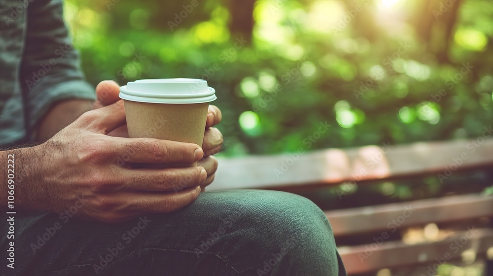 Middle-Aged Man with a Slight Tremor Holding a Cup of Coffee on a Park Bench, Symbolizing the Struggle with Parkinson's Disease in a Calm Natural Setting Middle-Aged Man with a Slight Tremor Holding a Cup of Coffee on a Park Bench, Symbolizing the Struggle with Parkinson's Disease in a Calm Natural Setting