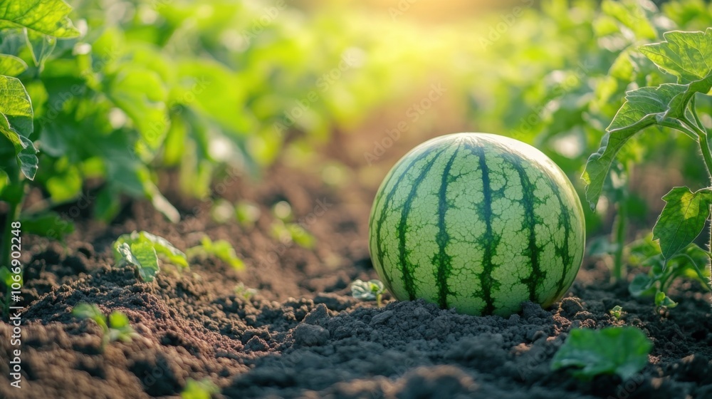 Watermelon growing in field with green vines, fresh summer fruit, organic farming, nature agriculture, ripe melon on soil, countryside gardening, healthy produce, sunlight Watermelon growing in field with green vines, fresh summer fruit, organic farming, nature agriculture, ripe melon on soil, countryside gardening, healthy produce, sunlight