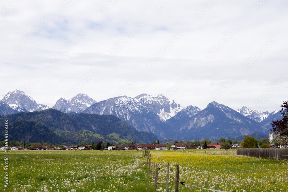 Green valley with views of the Alpine mountains and a small village Green valley with views of the Alpine mountains and a small village