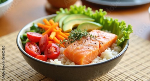 Fresh salmon bowl with vegetables