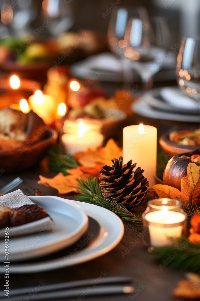 A close-up of a Thanksgiving table centerpiece with autumn leaves, pinecones, and candles, surrounded by delicious dishes ready for the celebration. A close-up of a Thanksgiving table centerpiece with autumn leaves, pinecones, and candles, surrounded by delicious dishes ready for the celebration.