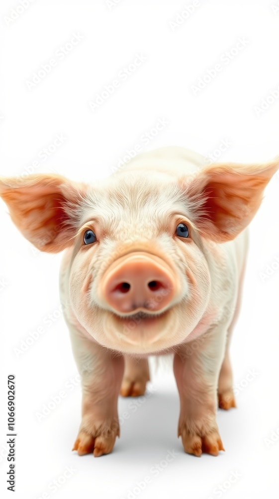 Fototapeta premium A piglet looks directly at the camera with a friendly expression, standing on a white background