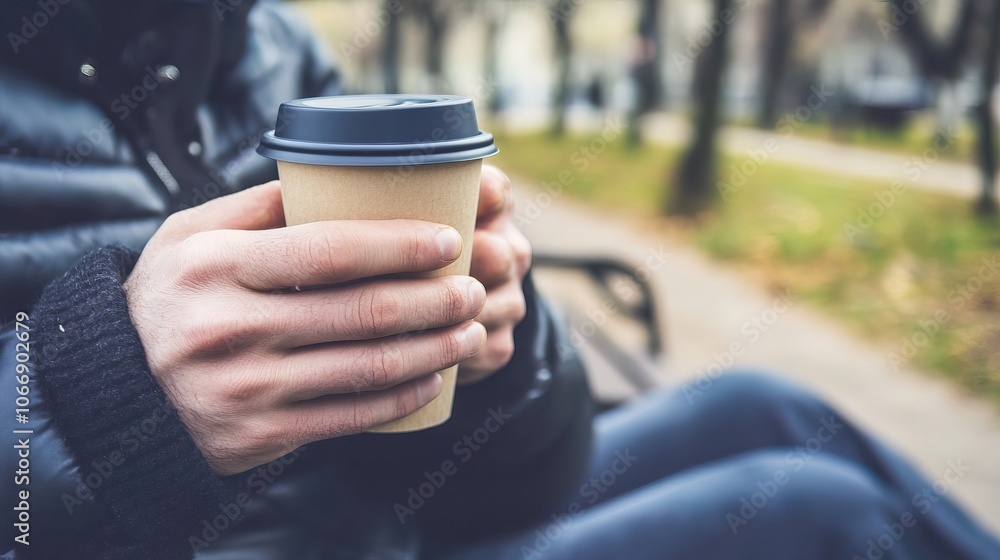 Middle-Aged Man with a Slight Tremor Holding a Cup of Coffee on a Park Bench, Symbolizing the Struggle with Parkinson's Disease in a Calm Natural Setting Middle-Aged Man with a Slight Tremor Holding a Cup of Coffee on a Park Bench, Symbolizing the Struggle with Parkinson's Disease in a Calm Natural Setting