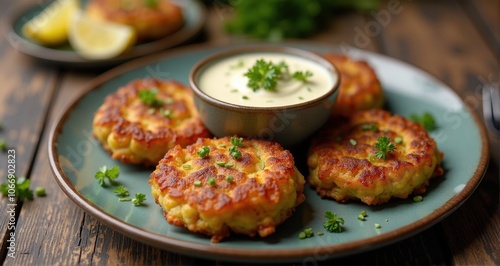 Golden corn fritters with creamy dip.