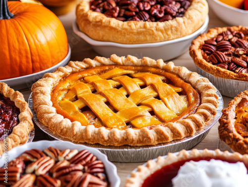 Wallpaper Mural A close-up of Thanksgiving pies and desserts, including pumpkin pie, apple pie, and pecan pie, ready to be served on a beautifully decorated table. Torontodigital.ca