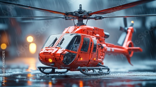 Rescue helicopter in rainy urban setting, close-up of vibrant orange aircraft with rain droplets, emergency aviation and weather conditions, search and rescue mission, transportation