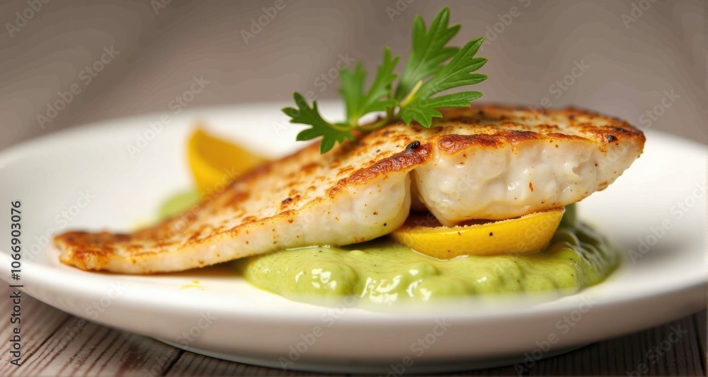 Delicious grilled fish with lemon garnish Delicious grilled fish with lemon garnish