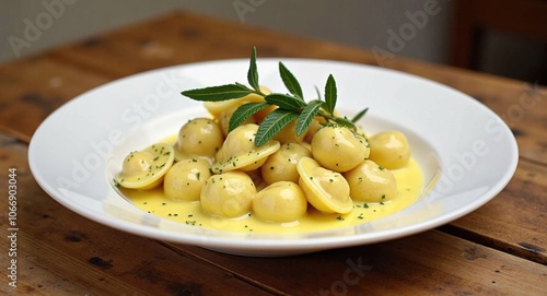 Delicious pasta dish on wooden table