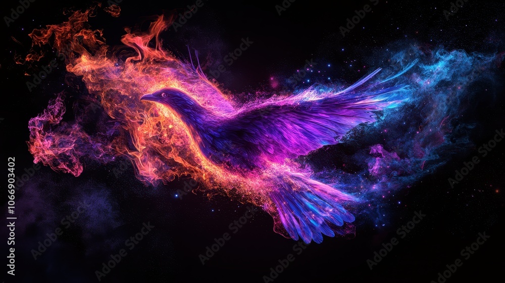 Fototapeta premium Burning bird against a pure black background. Neon flames