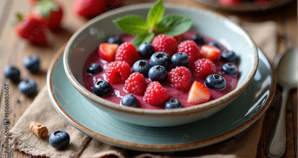 Delicious berry smoothie bowl with fresh fruits Delicious berry smoothie bowl with fresh fruits