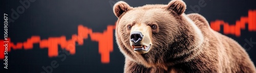 A close-up of a bear against a backdrop of a fluctuating stock market graph, symbolizing bearish trends and market downturns.