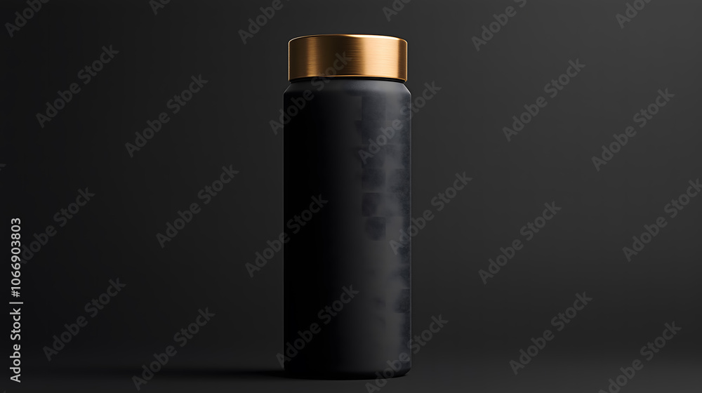 Elegant black bottle with gold cap on textured dark background Elegant black bottle with gold cap on textured dark background