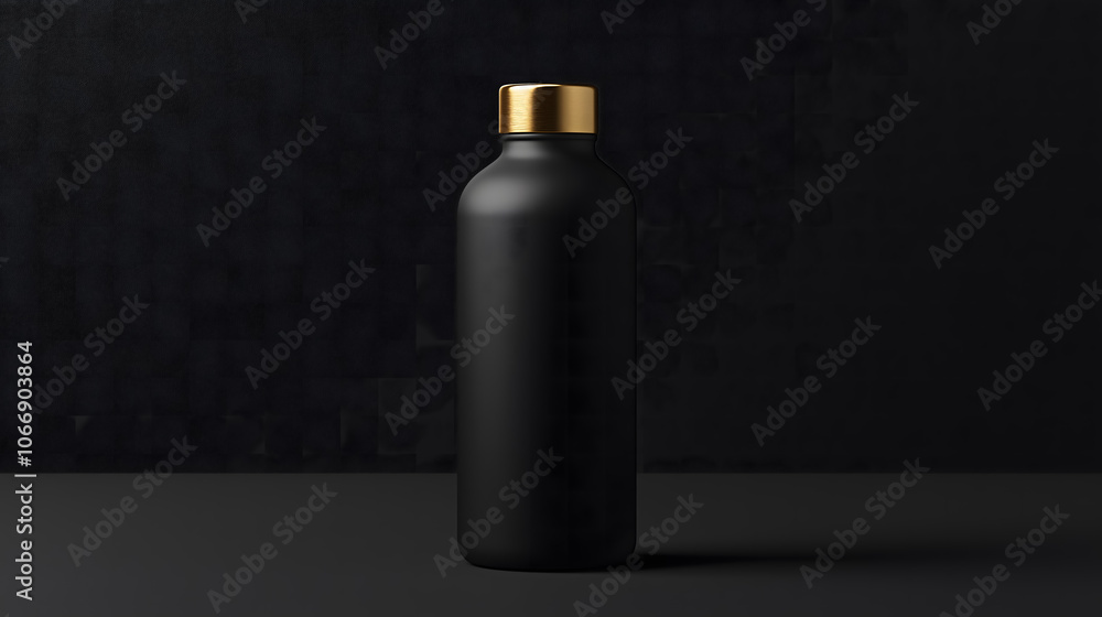 Elegant black bottle with gold cap on textured dark background Elegant black bottle with gold cap on textured dark background