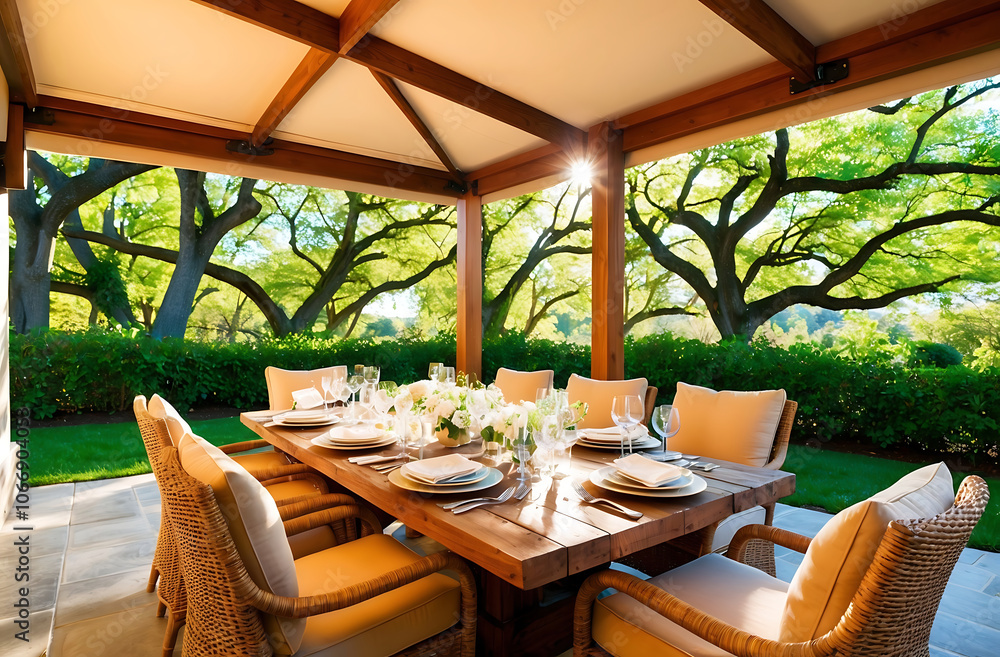 Fototapeta premium an outdoor dining area with table and chairs under the awning on a sunny day in the patio is surrounded by lush green trees