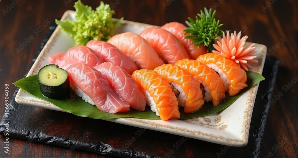 Plateful of vibrant sushi varieties Plateful of vibrant sushi varieties