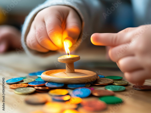 A dreidel spinning on a wooden table, surrounded by Hanukkah coins (gelt) and candles, ready for a night of games and family fun. photo