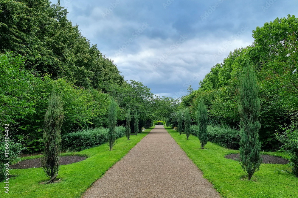 Tranquil Summer Walkway in Lush Green Park for Nature Retreats and Environmental Designs Tranquil Summer Walkway in Lush Green Park for Nature Retreats and Environmental Designs