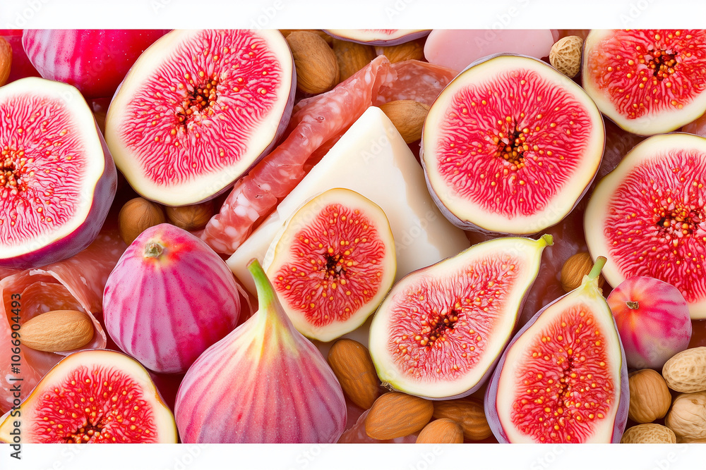 Fresh figs and sliced cheese accompanied by almonds on a colorful plate Fresh figs and sliced cheese accompanied by almonds on a colorful plate