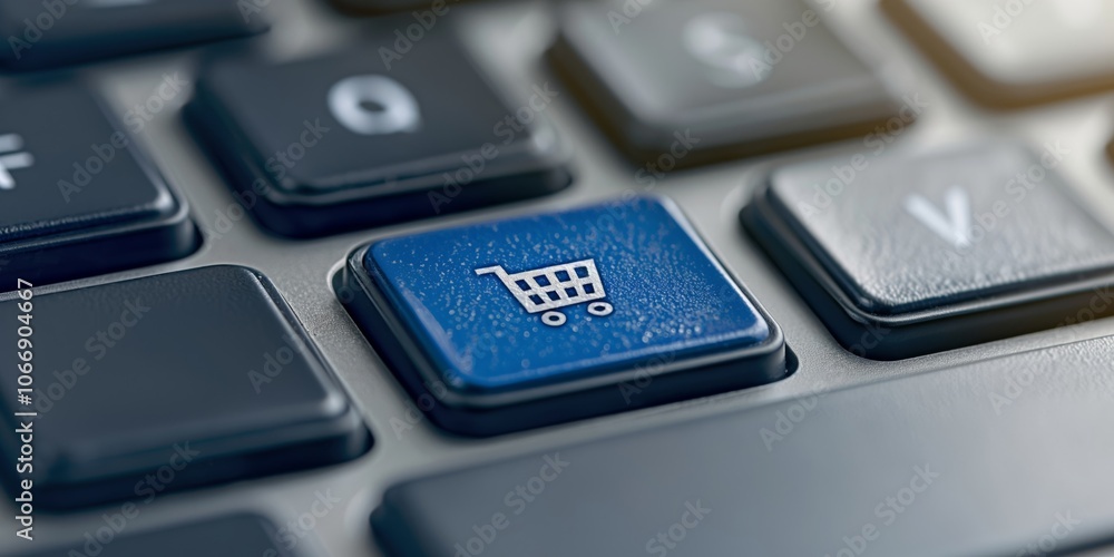 Keyboard key with a blue shopping cart icon symbolizing online retail. AI generated Keyboard key with a blue shopping cart icon symbolizing online retail. AI generated