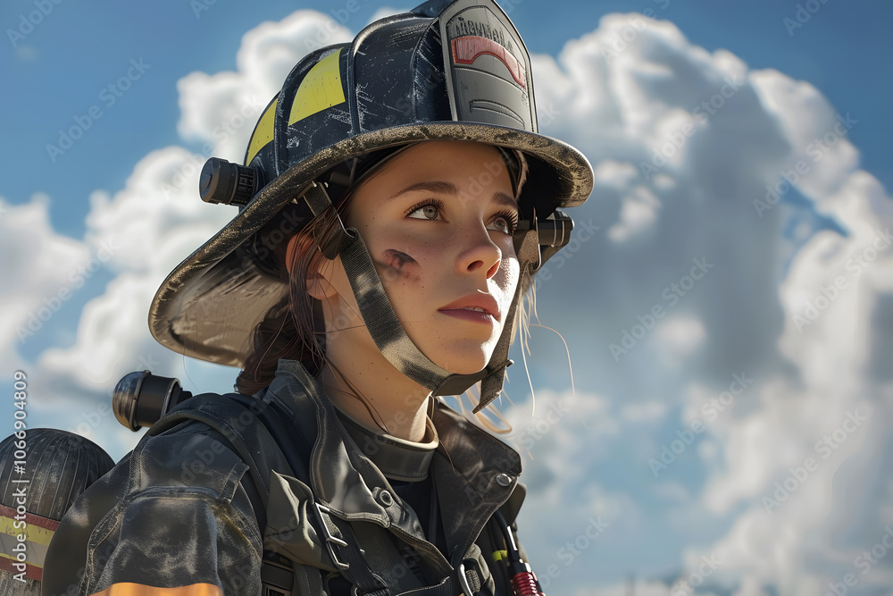 A determined young female firefighter, showing resilience and bravery in her gear, with a cloudy sky backdrop accentuating her focus. A determined young female firefighter, showing resilience and bravery in her gear, with a cloudy sky backdrop accentuating her focus.