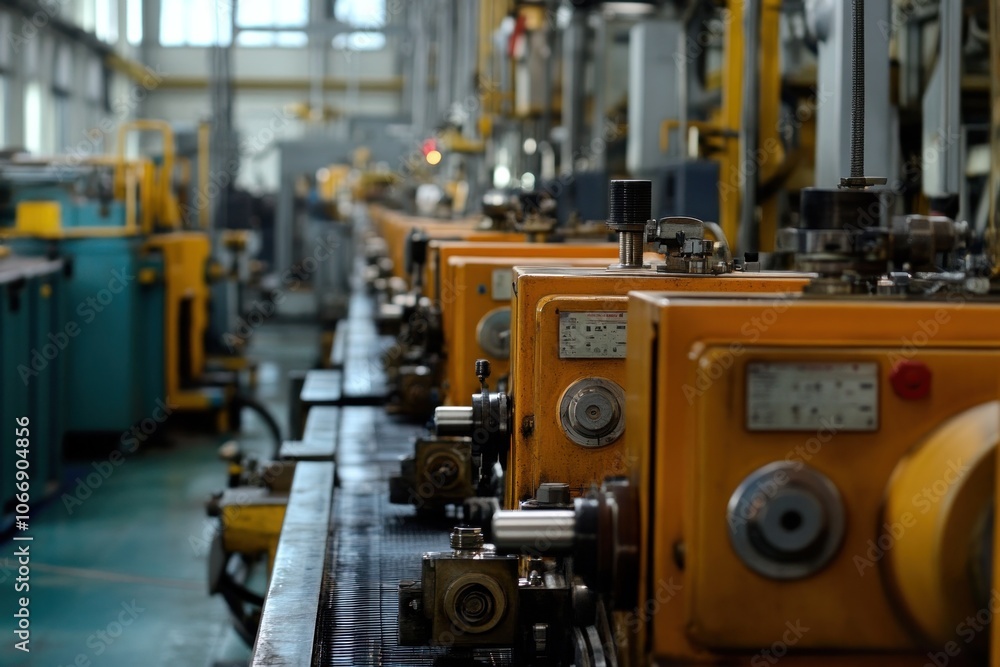 Industrial machinery highlighted in a factory, showing automated assembly lines Industrial machinery highlighted in a factory, showing automated assembly lines