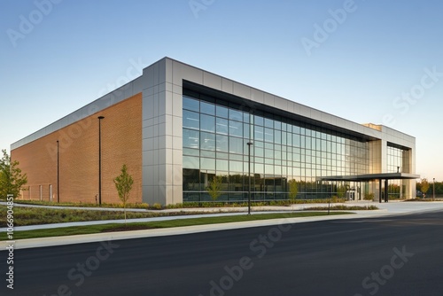 Industrial factory exterior showing a modern building with metal and glass facade