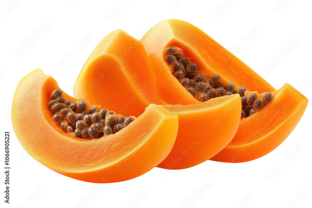 Freshly cut papaya slices displayed on a white background, showcasing their vibrant orange color Freshly cut papaya slices displayed on a white background, showcasing their vibrant orange color