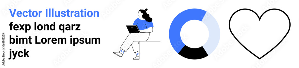 Female character working on a laptop, blue and black pie chart, heart icon outline. Ideal for business presentations, educational websites, marketing campaigns, infographic designs, health apps, user Female character working on a laptop, blue and black pie chart, heart icon outline. Ideal for business presentations, educational websites, marketing campaigns, infographic designs, health apps, user