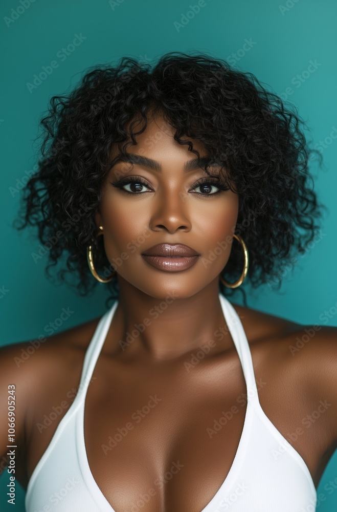A woman with curly hair and gold hoop earrings is smiling at the camera A woman with curly hair and gold hoop earrings is smiling at the camera