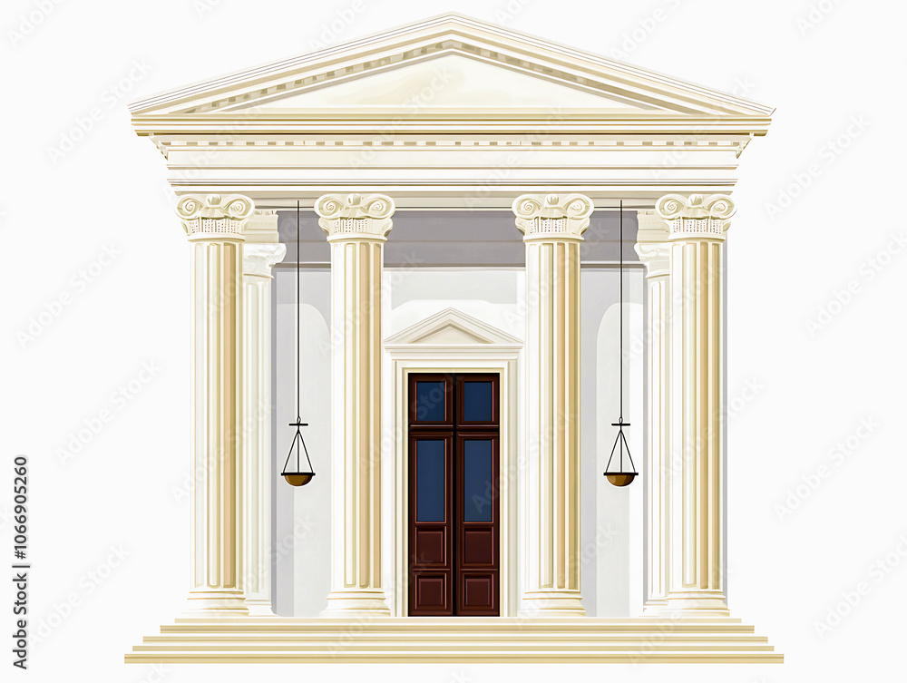 Obraz premium Courtroom Entrance with Tall Columns and Justice Symbols