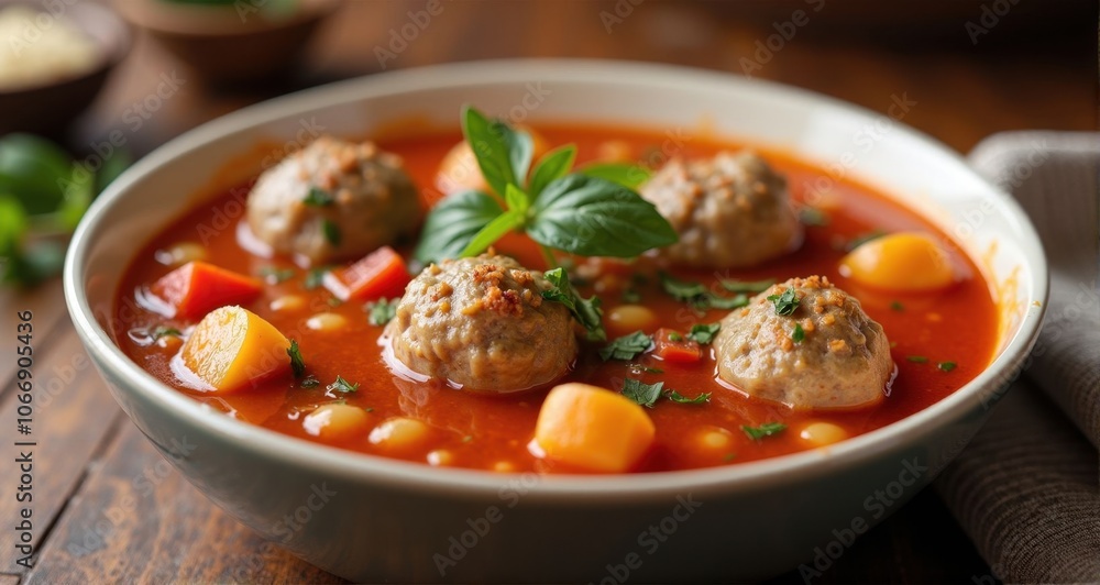 Delicious meatball soup in a bowl Delicious meatball soup in a bowl