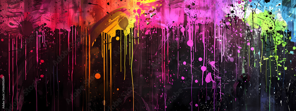 A vibrant abstract splash of colors featuring drips and splatters in a dynamic blend of hues, perfect for creative backgrounds.