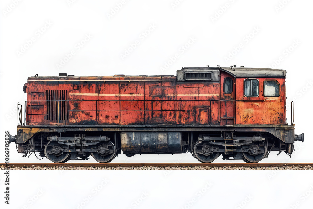 Old rusty diesel locomotive side view isolated on white background, industrial train engine with weathered metal, vintage railway transportation, cargo transport machinery, grunge look Old rusty diesel locomotive side view isolated on white background, industrial train engine with weathered metal, vintage railway transportation, cargo transport machinery, grunge look