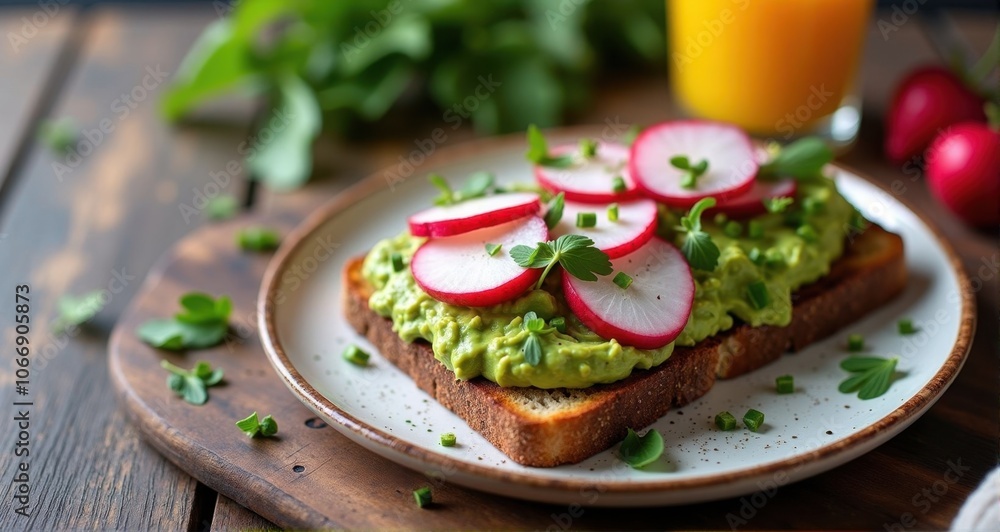 Delicious avocado toast with radishes. Delicious avocado toast with radishes.