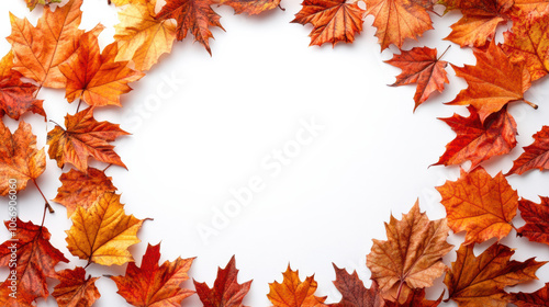 Autumn leaves arranged in frame on white background, vibrant seasonal colors for fall theme, nature-inspired decor, red and orange foliage for Thanksgiving and seasonal celebrations