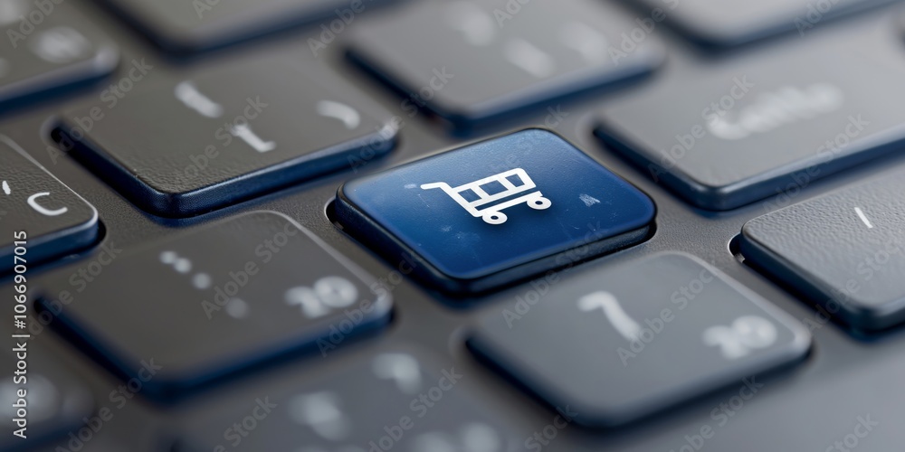 Keyboard key with a blue shopping cart icon symbolizing online retail. AI generated Keyboard key with a blue shopping cart icon symbolizing online retail. AI generated