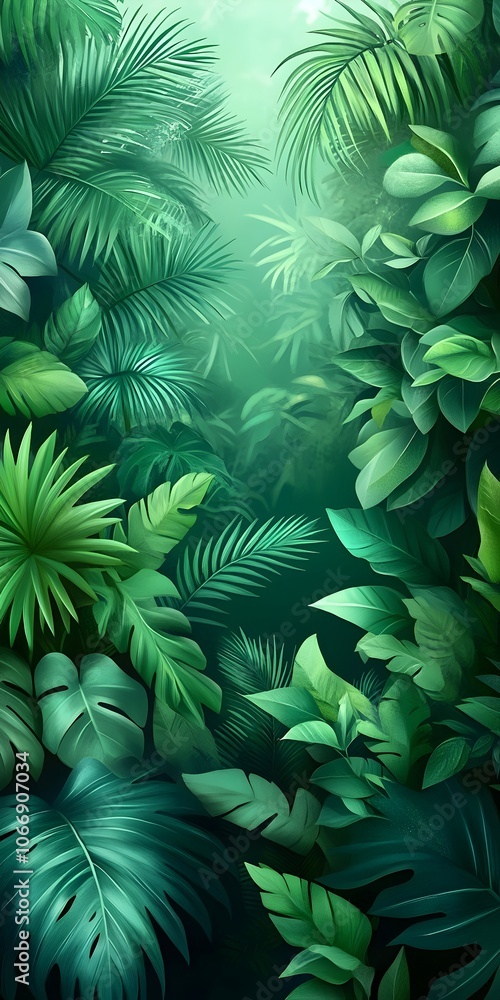 A dense and vibrant jungle scene showcasing a variety of lush green foliage, including large leaves and intricate patterns, creating a tranquil and immersive atmosphere. A dense and vibrant jungle scene showcasing a variety of lush green foliage, including large leaves and intricate patterns, creating a tranquil and immersive atmosphere.