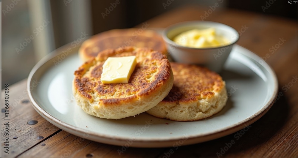 Delicious toasted English muffins with butter Delicious toasted English muffins with butter