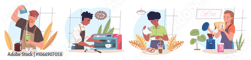 Professional baristas. Guy or girl barista worker in apron brew hot coffee pouring milk, making espresso mug coffeehouse shop business job service, set classy vector illustration