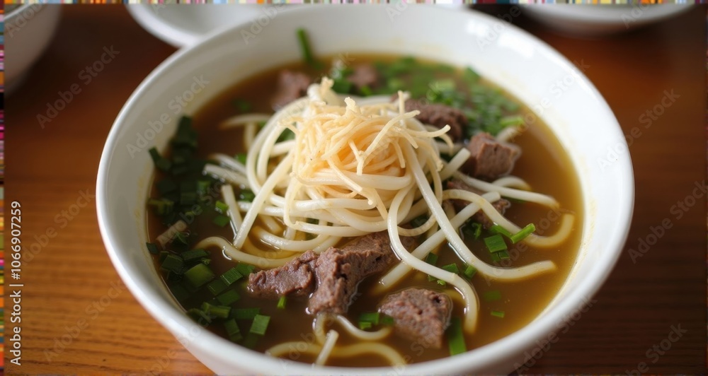 Delicious noodle bowl with beef and herbs Delicious noodle bowl with beef and herbs