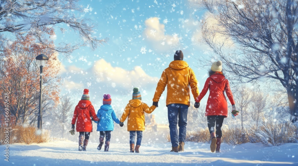 Family enjoying snowy park walk on Thanksgiving Family enjoying snowy park walk on Thanksgiving