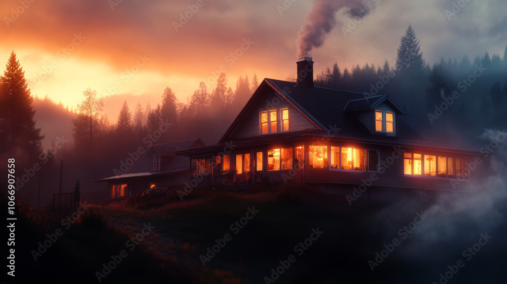 A peaceful evening in a small town celebrating Thanksgiving, with glowing windows and smoke rising from chimneys, signaling dinner is being prepared. A peaceful evening in a small town celebrating Thanksgiving, with glowing windows and smoke rising from chimneys, signaling dinner is being prepared.
