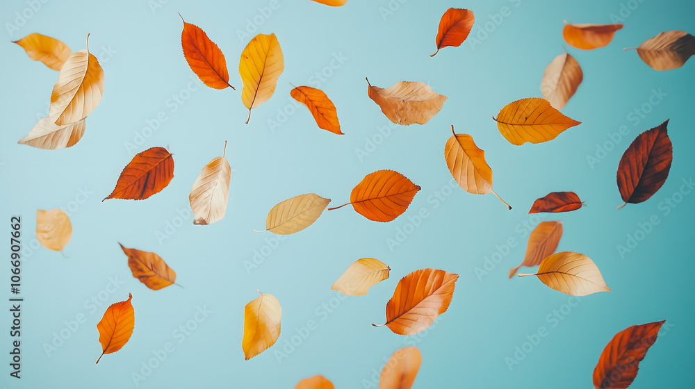 Floating Autumn Leaves on Blue Background Floating Autumn Leaves on Blue Background