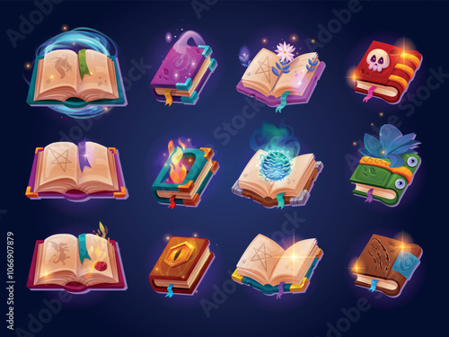 Cartoon alchemy books. Open and closed sacred book with evil magic spell, fantasy rpg game quest medieval wizard recipe fairies handbook, gaming ui icons swanky vector illustration