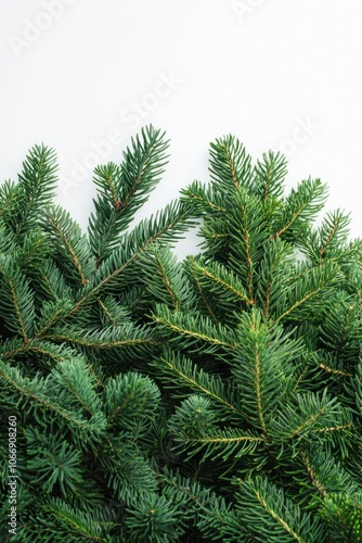 photograph of Lush pine trees contrast with the white background. For the Christmas festival