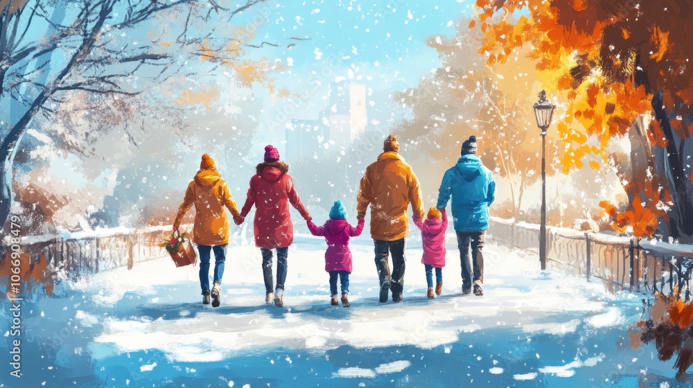 Joyful family enjoying winter walk in picturesque snowy park Joyful family enjoying winter walk in picturesque snowy park