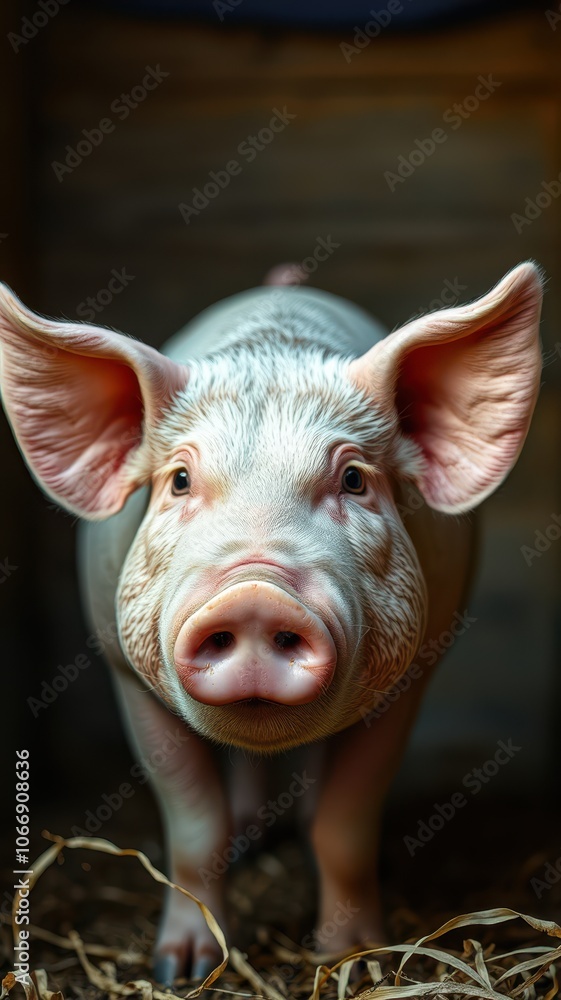 A pig with large ears looks directly at the camera, standing in a barn with straw on the ground